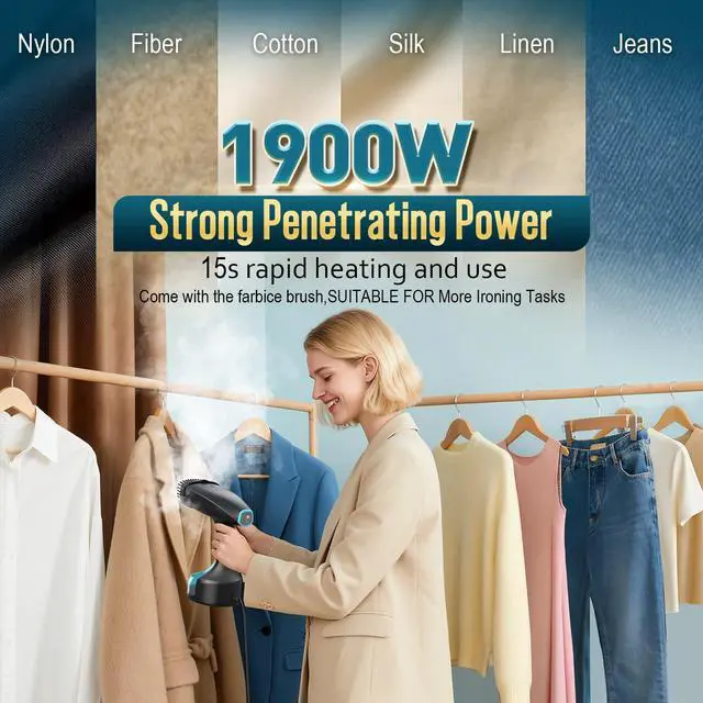 Alt view image 5 of 7 - Steamer for Clothes, 1900W Strong Penetrating Steam Portable Handheld Garment Steamer Clothes Steamer with 3 Steam Settings, Fabric Brush, 300ml Big Capacity, Travel Steamers Iron Safe Removes Wrinkle