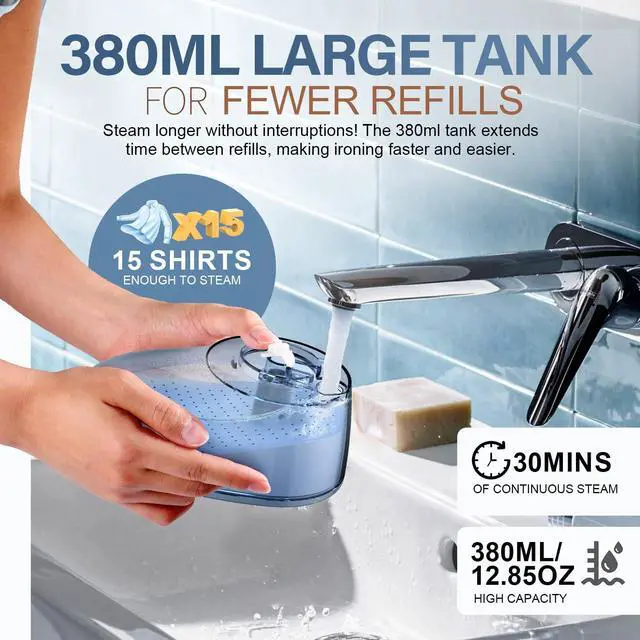 Alt view image 6 of 7 - Steamer for Clothes, 1800W Fast Heat-up Clothes Steamer Handheld Garment Steamer with 3 Steam Settings, 380ml Water Tank, 9.8' Cord, Portable Travel Steam Iron for Removes Wrinkle Safe on All Fabrics