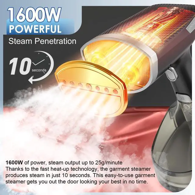 Alt view image 2 of 7 - Steamer for Clothes, 1600W Handheld Clothes Steamer with 300ml Tank, 10S Ultra-Fast Heat-up Portable Garment Steamer Ideal for All Fabrics, Strong Penetrating Steam Wrinkle Remover for Home, Travel