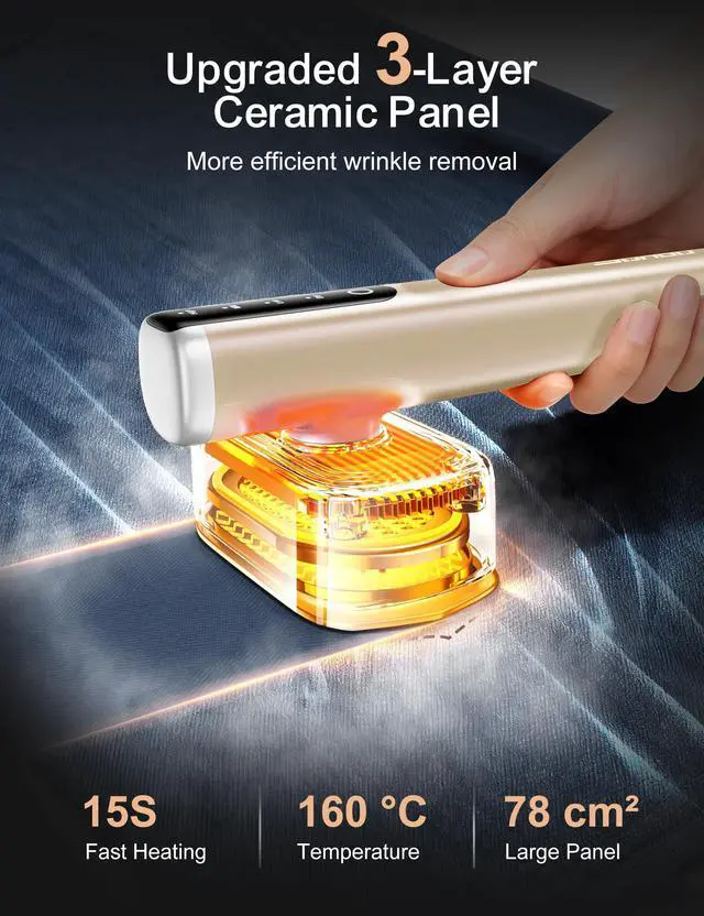 Alt view image 2 of 7 - Steamer for Clothes Portable Handheld Garment Steamer,15s Fast Heat-up,100ml,180ml Tank,Steamer Ironing Gloves,35 Minutes of Continuous Ironing for Travel and Home (Pale Gold)