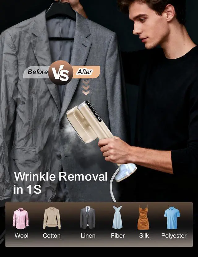 Alt view image 3 of 7 - Steamer for Clothes Portable Handheld Garment Steamer,15s Fast Heat-up,100ml,180ml Tank,Steamer Ironing Gloves,35 Minutes of Continuous Ironing for Travel and Home (Pale Gold)