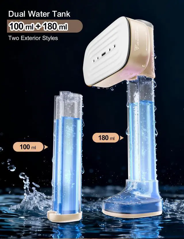 Alt view image 5 of 7 - Steamer for Clothes Portable Handheld Garment Steamer,15s Fast Heat-up,100ml,180ml Tank,Steamer Ironing Gloves,35 Minutes of Continuous Ironing for Travel and Home (Pale Gold)