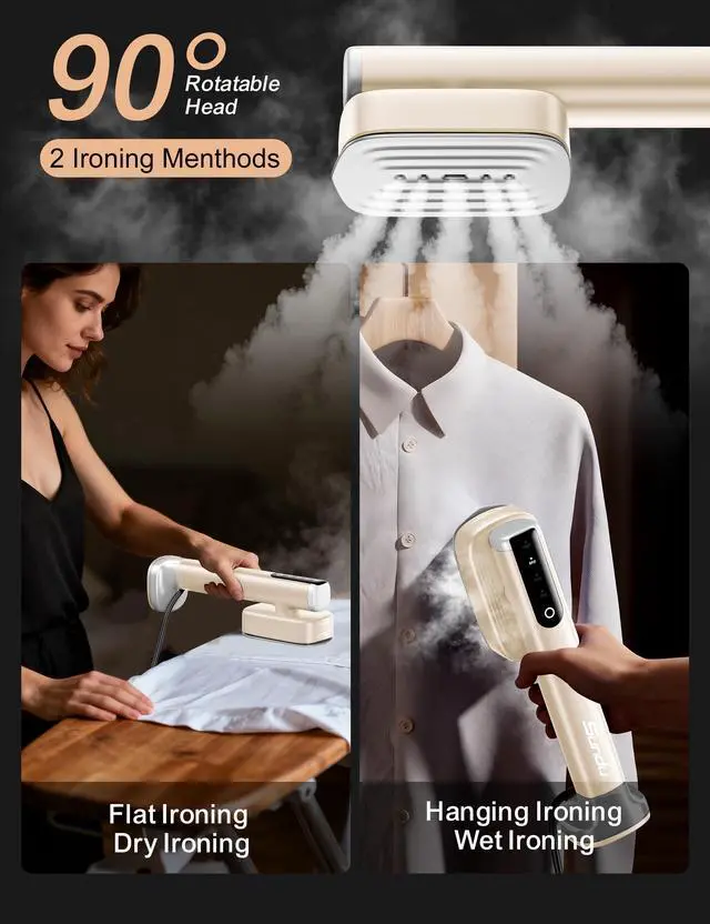 Alt view image 7 of 7 - Steamer for Clothes Portable Handheld Garment Steamer,15s Fast Heat-up,100ml,180ml Tank,Steamer Ironing Gloves,35 Minutes of Continuous Ironing for Travel and Home (Pale Gold)