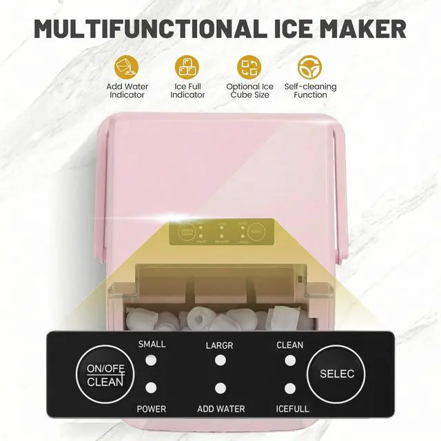 Alt view image 2 of 7 - Ice Makers Countertop with Handle, Portable Ice Machine, 9 Bullet Ice Cubes in 6 Mins, 26lbs in 24Hrs, Auto-Cleaning, with Basket and Scoop, for Home, Kitchen, RV, Camping,Light Pink