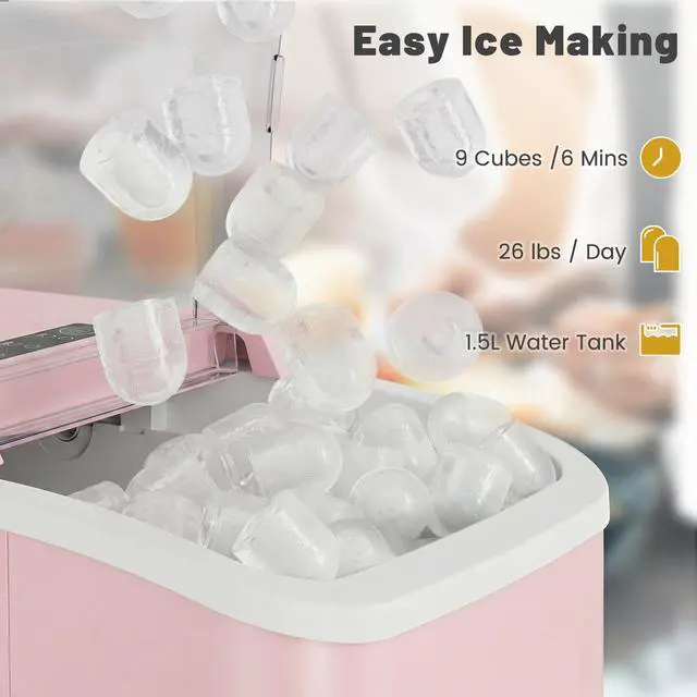 Alt view image 3 of 7 - Ice Makers Countertop with Handle, Portable Ice Machine, 9 Bullet Ice Cubes in 6 Mins, 26lbs in 24Hrs, Auto-Cleaning, with Basket and Scoop, for Home, Kitchen, RV, Camping,Light Pink