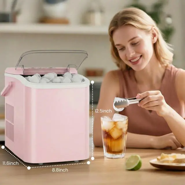 Alt view image 4 of 7 - Ice Makers Countertop with Handle, Portable Ice Machine, 9 Bullet Ice Cubes in 6 Mins, 26lbs in 24Hrs, Auto-Cleaning, with Basket and Scoop, for Home, Kitchen, RV, Camping,Light Pink