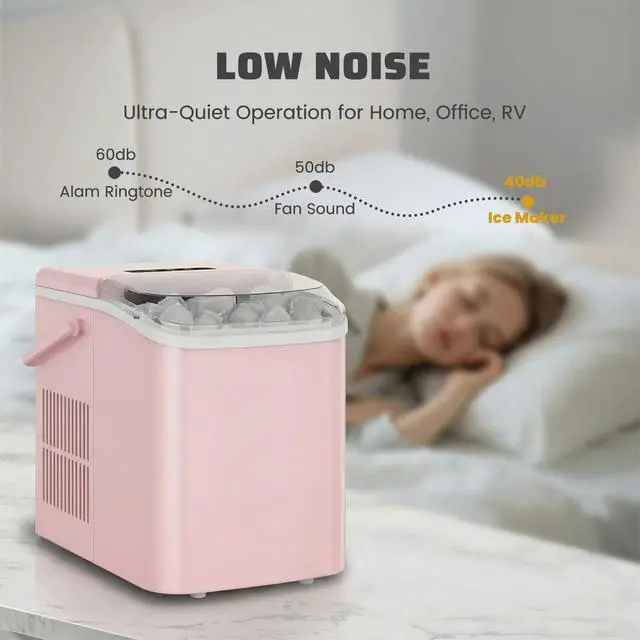 Alt view image 7 of 7 - Ice Makers Countertop with Handle, Portable Ice Machine, 9 Bullet Ice Cubes in 6 Mins, 26lbs in 24Hrs, Auto-Cleaning, with Basket and Scoop, for Home, Kitchen, RV, Camping,Light Pink