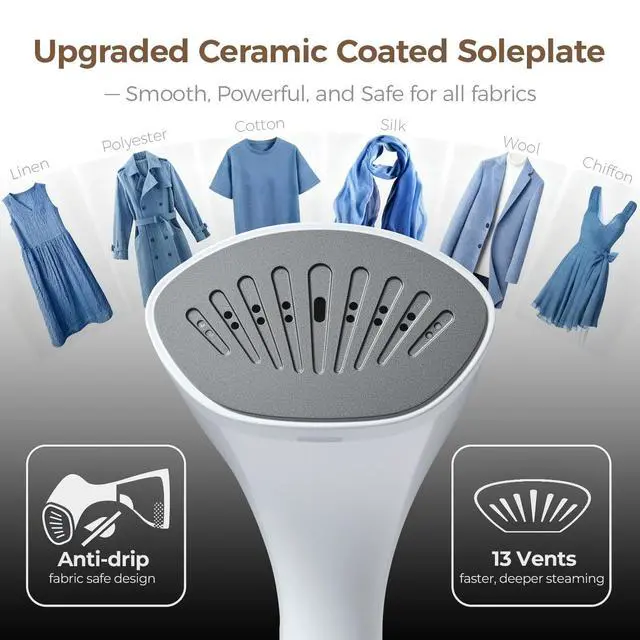 Alt view image 4 of 7 - Steamer for Clothes, 20S Heat Up, 1500W & 3 Steam Settings, Ceramic Soleplate with 13-Vent, 2-in-1 Clothing Iron Wrinkle Removal for All Fabrics, Portable & Travel-Ready