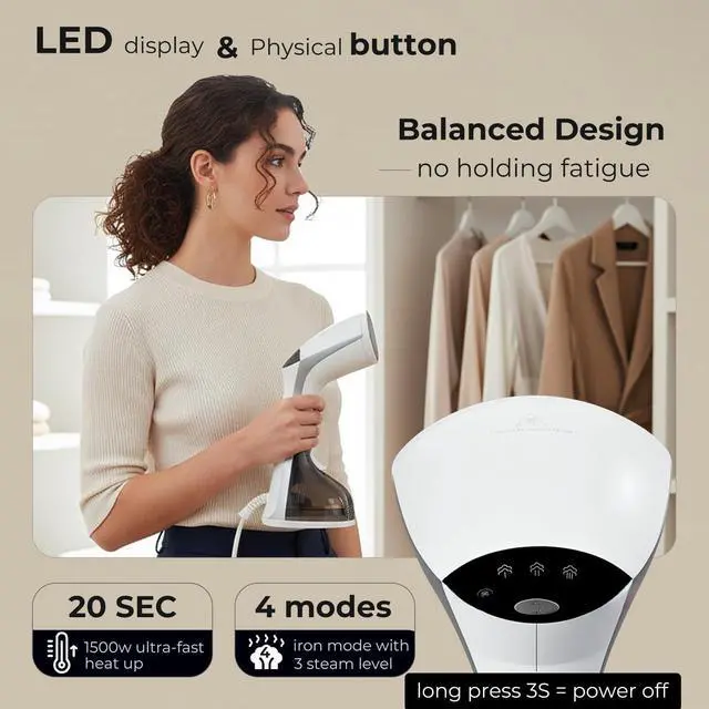 Alt view image 3 of 7 - Steamer for Clothes, 20S Heat Up, 1500W & 3 Steam Settings, Ceramic Soleplate with 13-Vent, 2-in-1 Clothing Iron Wrinkle Removal for All Fabrics, Portable & Travel-Ready