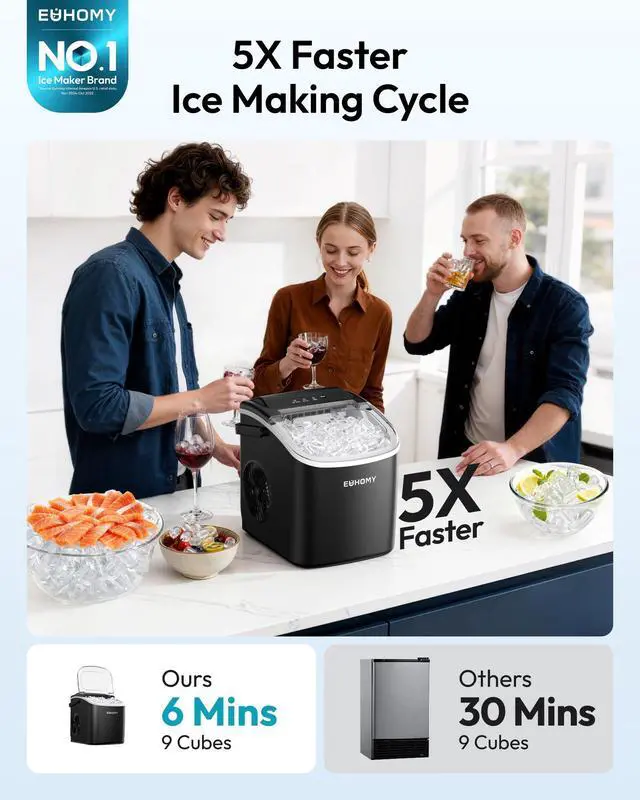 Alt view image 2 of 7 - Countertop Ice Maker Machine with Handle, 26lbs Per Day, 9 Bullet Cubes in 6 Mins, Self-Cleaning Portable Ice Maker with Basket and Scoop, for Home/Kitchen/Camping/RV (Black)