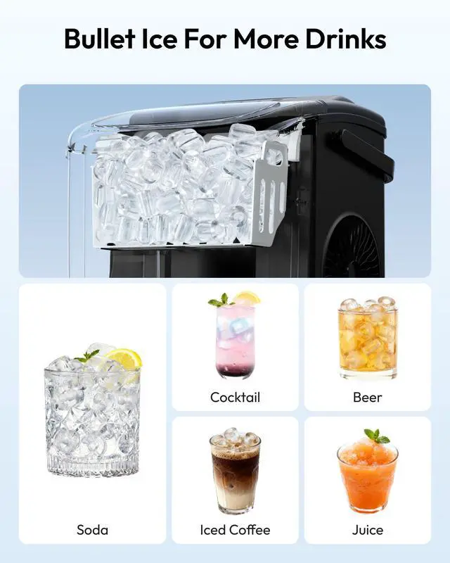 Alt view image 5 of 7 - Countertop Ice Maker Machine with Handle, 26lbs in 24Hrs, 9 Ice Cubes Ready in 6 Mins, Auto-Cleaning Portable Ice Maker with Basket and Scoop, for Home/Kitchen/Camping/RV. (Black)