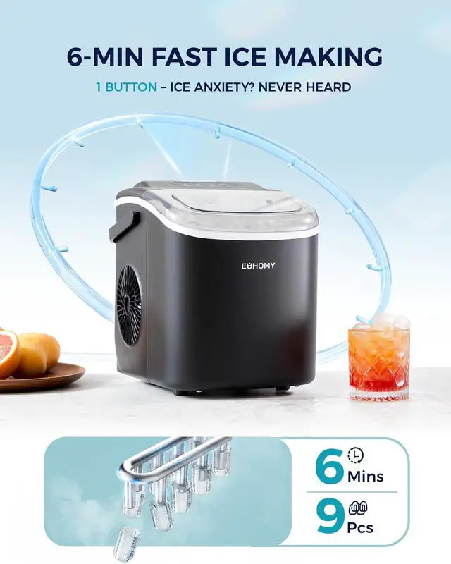 Alt view image 3 of 7 - Countertop Ice Maker Machine with Handle, 26.5lbs Per Day, 9 Ice Cubes Ready in 6 Mins, Auto-Cleaning Portable Ice Maker with Basket and Scoop, for Home/Kitchen/Camping/RV (Black)
