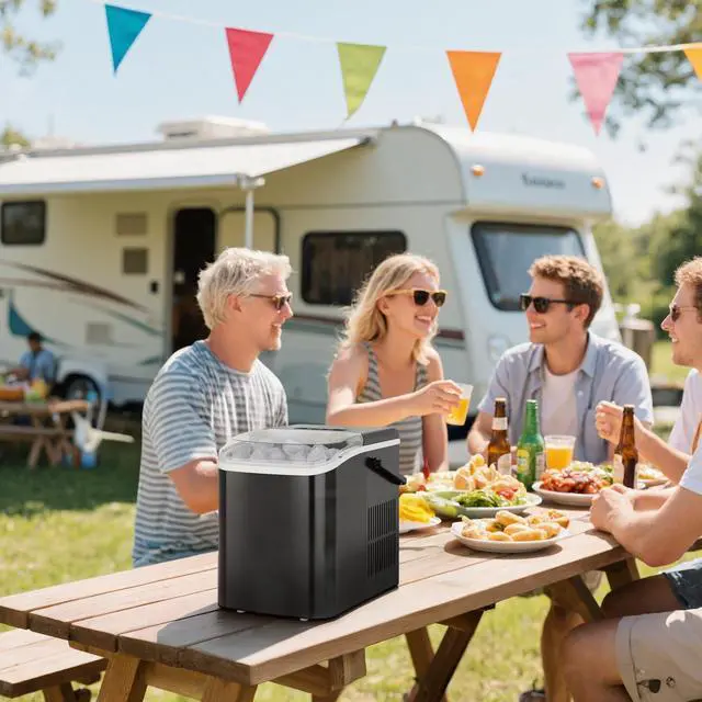 Alt view image 5 of 5 - Ice Makers Countertop with Handle Ice Machine, Fast in 6 Mins, 26lbs in 24 Hours, Quiet Self-Cleaning, Compact Size Portable for Home, Kitchen, RV, Camping,Modern Black