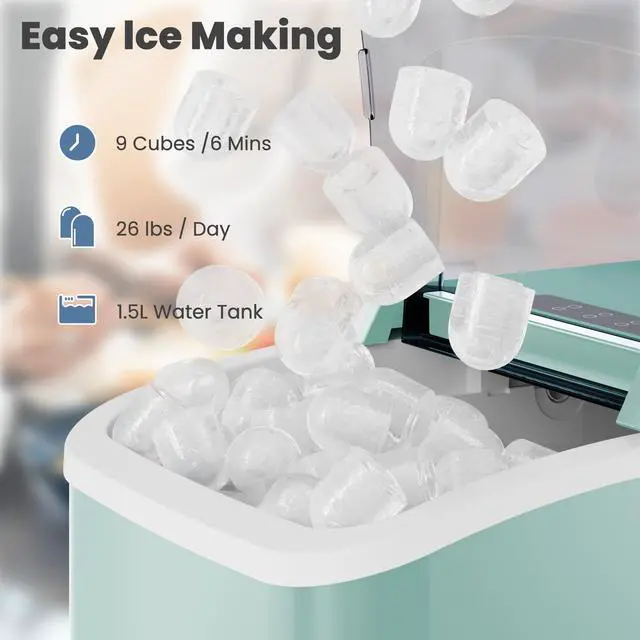 Alt view image 2 of 5 - Countertop Ice Maker with Handle, 26lbs/24H Portable Ice Machine, 9 Bullet Cubes Ready in 6 Mins, Self-Cleaning, Quiet Compact for Home, Kitchen, RV, Camping, Green