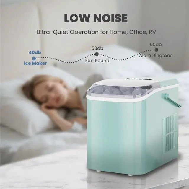 Alt view image 4 of 5 - Countertop Ice Maker with Handle, 26lbs/24H Portable Ice Machine, 9 Bullet Cubes Ready in 6 Mins, Self-Cleaning, Quiet Compact for Home, Kitchen, RV, Camping, Green