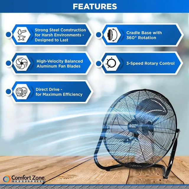 Alt view image 2 of 7 - 18-Inch High-Velocity Industrial Floor Fan, Heavy-Duty 3-Speed Metal Shop Fan with 180° Adjustable Tilt & Carry Handle, Quiet Vibration-Free Cooling for Garage, Workshop, & Home