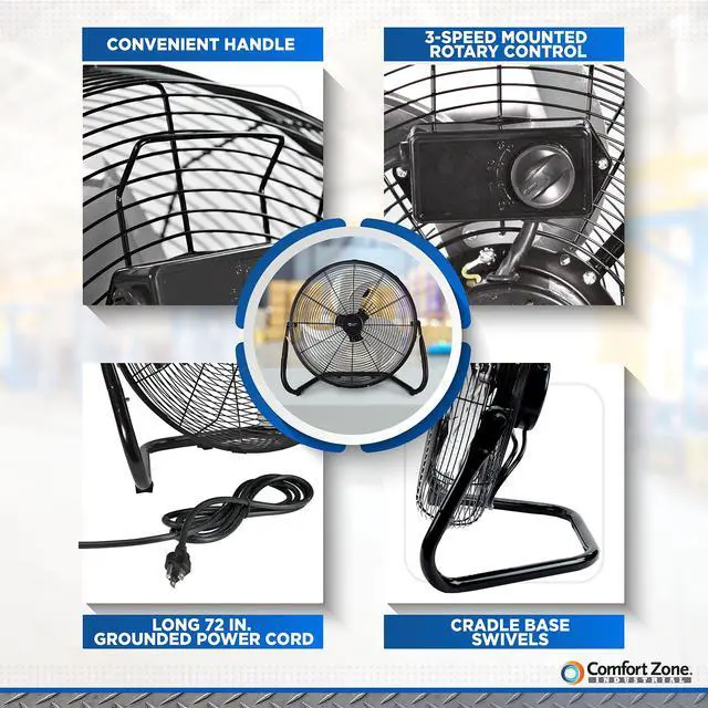 Alt view image 3 of 7 - 18-Inch High-Velocity Industrial Floor Fan, Heavy-Duty 3-Speed Metal Shop Fan with 180° Adjustable Tilt & Carry Handle, Quiet Vibration-Free Cooling for Garage, Workshop, & Home