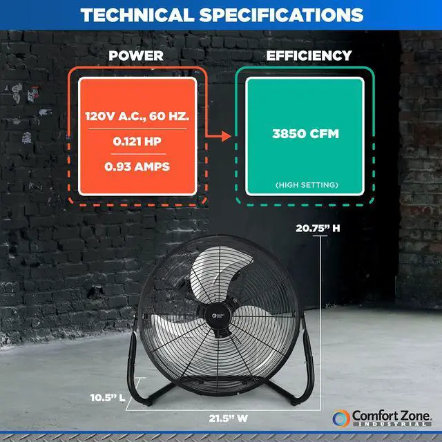 Alt view image 6 of 7 - 18-Inch High-Velocity Industrial Floor Fan, Heavy-Duty 3-Speed Metal Shop Fan with 180° Adjustable Tilt & Carry Handle, Quiet Vibration-Free Cooling for Garage, Workshop, & Home