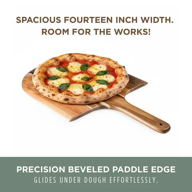 Alt view image 5 of 7 - Acacia Wood Pizza Spatula Peel, Serving Pizza Paddle with Tapered Handle for Comfort and Steady Grip, Bread Peel and Oven Accessories, Flat Paddle with Beveled Edge (Acacia Wood)