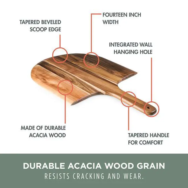 Alt view image 6 of 7 - Acacia Wood Pizza Spatula Peel, Serving Pizza Paddle with Tapered Handle for Comfort and Steady Grip, Bread Peel and Oven Accessories, Flat Paddle with Beveled Edge (Acacia Wood)