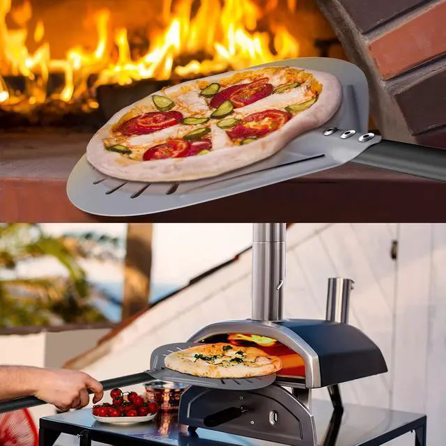 Alt view image 5 of 7 - 12 Inch + 9 Inch Pizza Peel Set, Perforated Pizza Turning Peel, 12" x 14" Professional Aluminum Pizza Paddle for Homemade Pizza, Pizza Oven Accessories