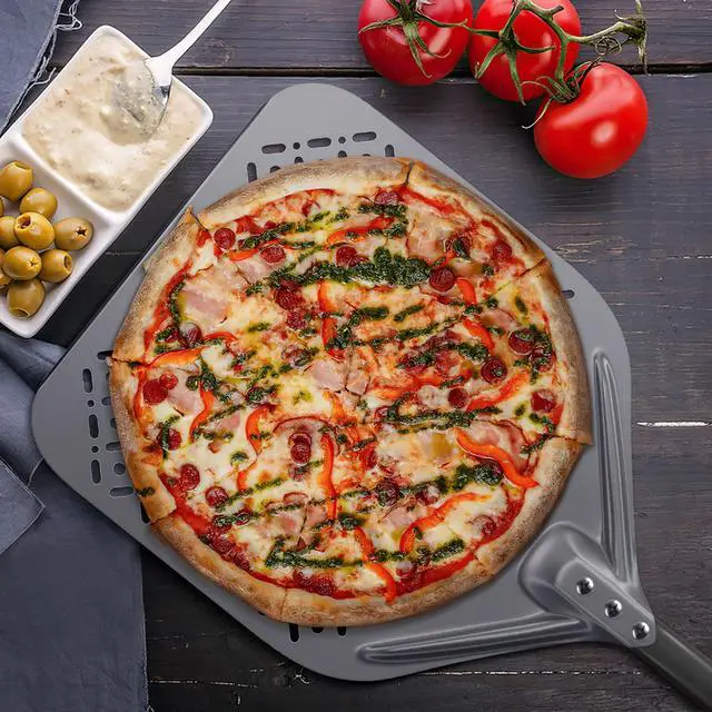 Alt view image 6 of 7 - 12 Inch + 9 Inch Pizza Peel Set, Perforated Pizza Turning Peel, 12" x 14" Professional Aluminum Pizza Paddle for Homemade Pizza, Pizza Oven Accessories