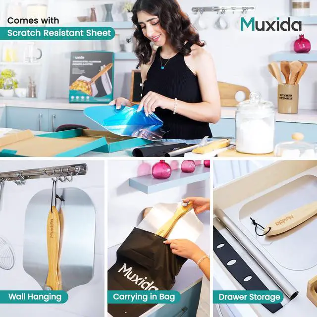 Alt view image 2 of 7 - Aluminum Pizza Peel & Rocker Cutter Set (12" x 14") Premium Stainless Steel Pizza Paddle with Foldable Wooden Handle, Lightweight Pizza Spatula with Storage Bag for Oven & Outdoor Pizza Maker