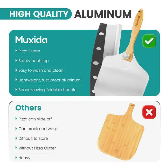 Alt view image 7 of 7 - Aluminum Pizza Peel & Rocker Cutter Set (12" x 14") Premium Stainless Steel Pizza Paddle with Foldable Wooden Handle, Lightweight Pizza Spatula with Storage Bag for Oven & Outdoor Pizza Maker