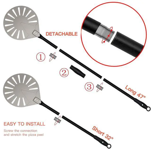 Alt view image 4 of 7 - 9" x 10" Perforated Pizza Peel 47 Inch overall, Rectangular Aluminum Pizza Turning Peel with Extended Silcone Handle for Baking Pizza Brick Oven