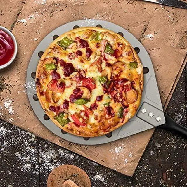 Alt view image 7 of 7 - 9" x 10" Perforated Pizza Peel 47 Inch overall, Rectangular Aluminum Pizza Turning Peel with Extended Silcone Handle for Baking Pizza Brick Oven