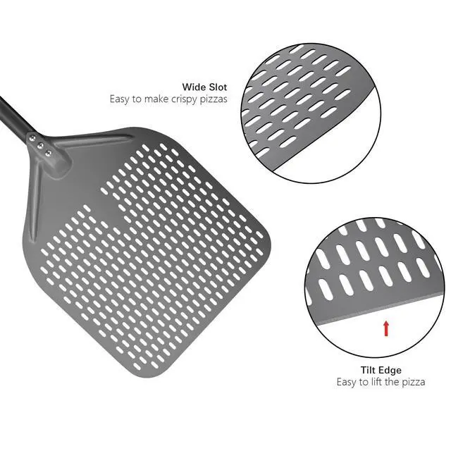 Alt view image 4 of 7 - 14" x 17" Perforated Pizza Peel 35 Inch overall, Rectangular Aluminum Pizza Turning Peel with Extended Silcone Handle For Baking Pizza Brick Oven