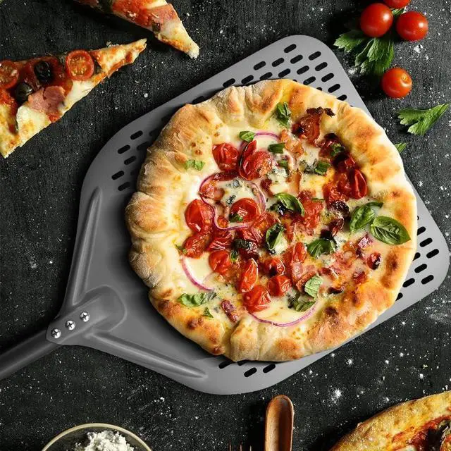 Alt view image 7 of 7 - 14" x 17" Perforated Pizza Peel 35 Inch overall, Rectangular Aluminum Pizza Turning Peel with Extended Silcone Handle For Baking Pizza Brick Oven