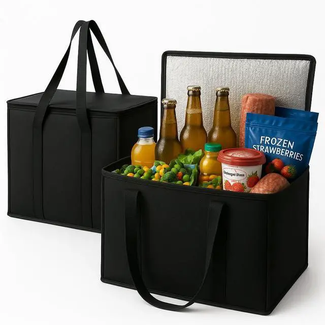 Main image of 2-Pack, XL-Large Insulated Grocery Shopping Bags, Black, Reusable Bag,Thermal Zipper,Collapsible,Tote,Cooler,Food Transport hot and Cold,Camping