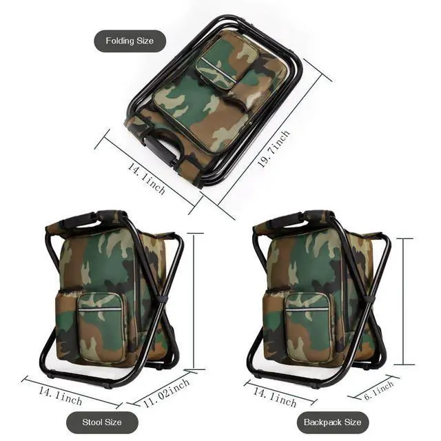 Alt view image 2 of 6 - Portable Hiking Camouflage Camping Stool, Folding Camping Chair Stool Backpack with Cooler Insulated Picnic Bag