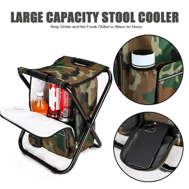 Alt view image 3 of 6 - Portable Hiking Camouflage Camping Stool, Folding Camping Chair Stool Backpack with Cooler Insulated Picnic Bag