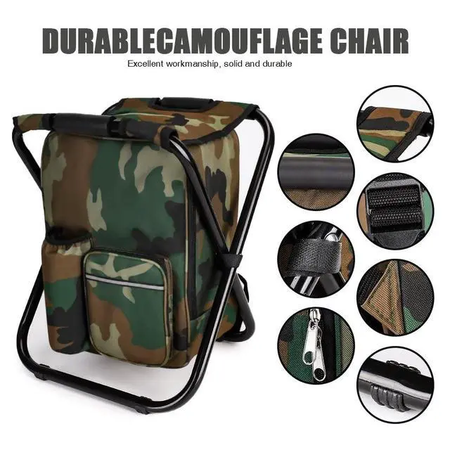 Alt view image 4 of 6 - Portable Hiking Camouflage Camping Stool, Folding Camping Chair Stool Backpack with Cooler Insulated Picnic Bag