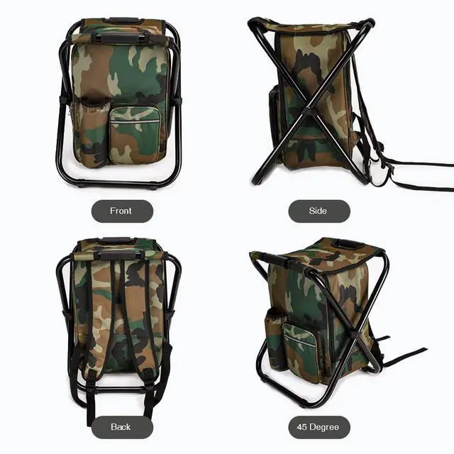 Alt view image 5 of 6 - Portable Hiking Camouflage Camping Stool, Folding Camping Chair Stool Backpack with Cooler Insulated Picnic Bag