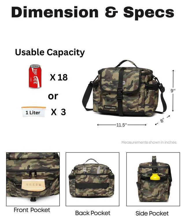 Alt view image 2 of 5 - Large Lunch Bag, Thermally Insulated Soft Cooler with Shoulder Strap for Women, Men (Camouflage)