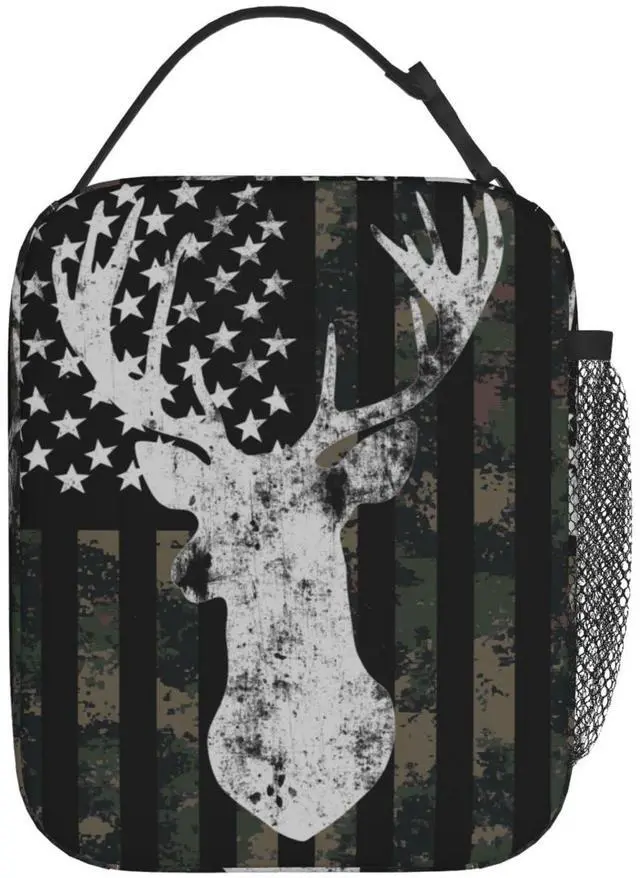 Alt view image 3 of 7 - Camouflage Hunting Tactical Deer Lunch Box Camo American Flag Lunch Bag Insulated Portable Reusable Cooler Totes Bag for Kids Women Men School Work Office Picnic Camping Hiking