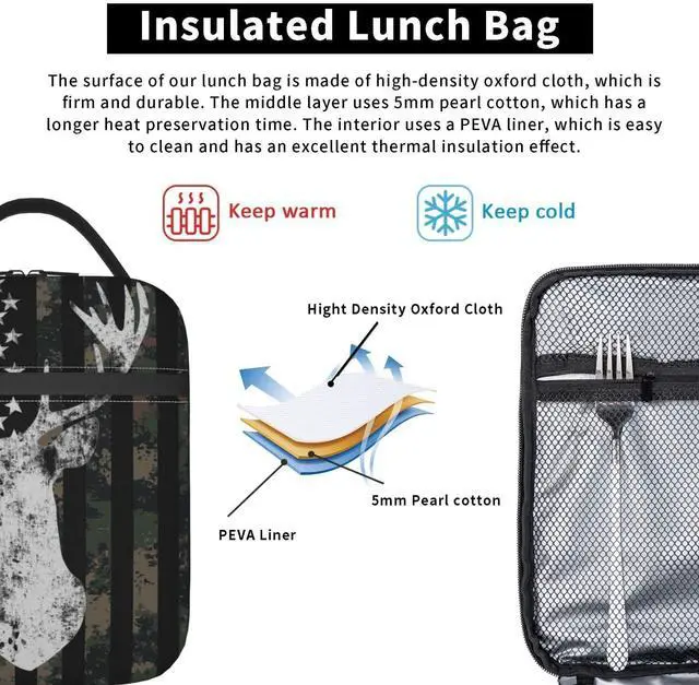 Alt view image 5 of 7 - Camouflage Hunting Tactical Deer Lunch Box Camo American Flag Lunch Bag Insulated Portable Reusable Cooler Totes Bag for Kids Women Men School Work Office Picnic Camping Hiking