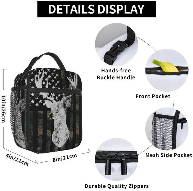 Alt view image 6 of 7 - Camouflage Hunting Tactical Deer Lunch Box Camo American Flag Lunch Bag Insulated Portable Reusable Cooler Totes Bag for Kids Women Men School Work Office Picnic Camping Hiking