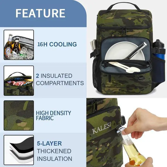 Alt view image 5 of 7 - Cooler Backpack 36 Cans Lightweight Insulated Backpack Cooler Leak-Proof Travel Camping Lunch Backpack Outdoor Cutlery Backpack for Men and Women (Camouflage Green)