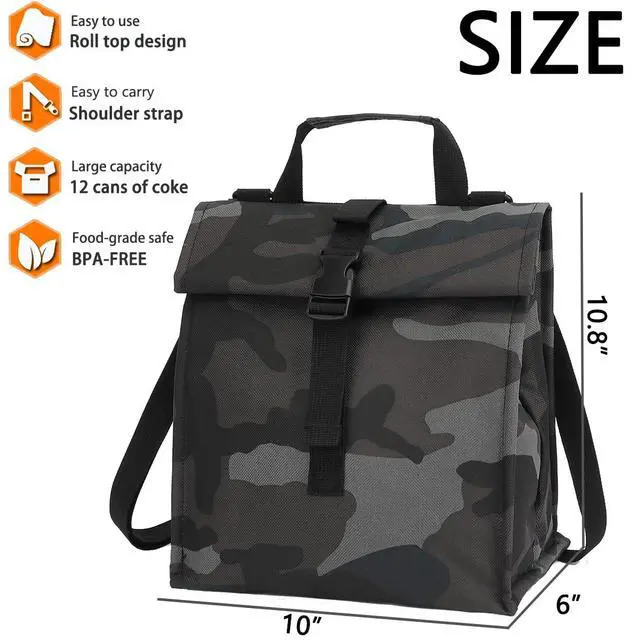 Alt view image 3 of 7 - Insulated Lunch Bag for Men/Women,Roll top Reusable Lunch Box with Adjustable Shoulder Strap,Thermal Lunch Cooler Tote Container for Adults Work Office Picnic,Black Camouflage