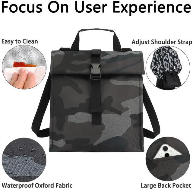 Alt view image 5 of 7 - Insulated Lunch Bag for Men/Women,Roll top Reusable Lunch Box with Adjustable Shoulder Strap,Thermal Lunch Cooler Tote Container for Adults Work Office Picnic,Black Camouflage