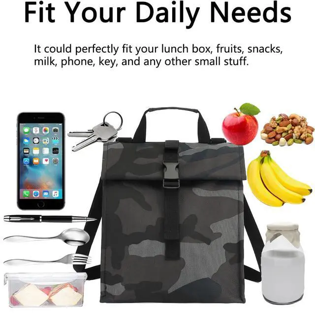 Alt view image 7 of 7 - Insulated Lunch Bag for Men/Women,Roll top Reusable Lunch Box with Adjustable Shoulder Strap,Thermal Lunch Cooler Tote Container for Adults Work Office Picnic,Black Camouflage