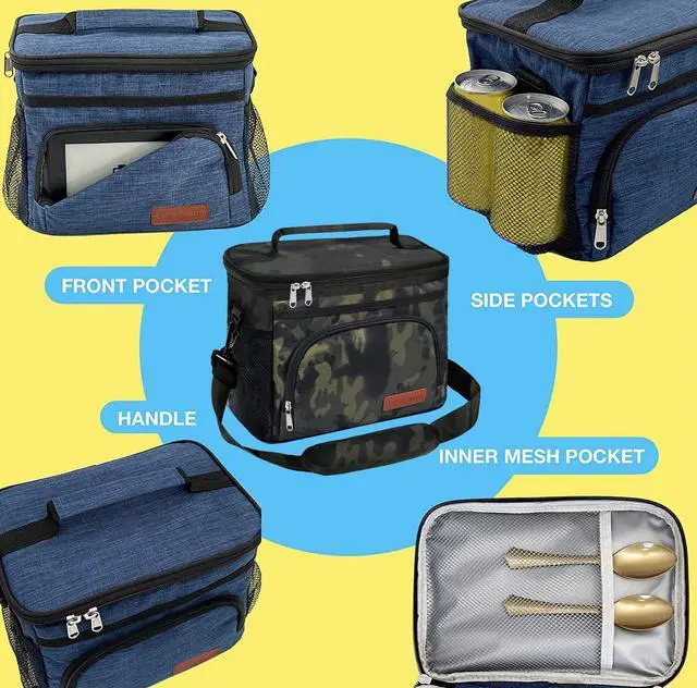 Alt view image 4 of 6 - Insulated Lunch Bag for Women/Men - Reusable Lunch Box for Office Picnic Hiking Beach - Leakproof Cooler Tote Bag Organizer with Adjustable Shoulder Strap for Adults-Black Camo