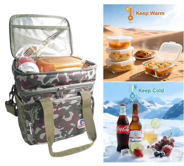 Alt view image 3 of 7 - Tactical Lunch Box for Men, Lunch Bag Double Decker Insulated Picnic Cooler, Durable Lunch Pail Leakproof Work Outdoor Beach Lunchbox Women Food & Drink Thermal Bag, 14L (Camo)