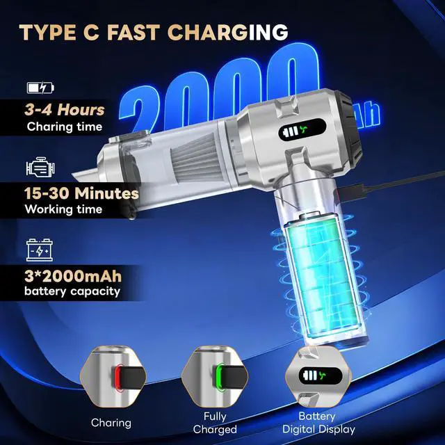 Alt view image 3 of 6 - Upgraded VersionCar Vacuum Cleaner,Mini Portable Vacuum Cordless,25000PA Powerful Strong Cyclonic Suction USB Rechargeable Foldable Handheld Vacuum with One-touch Dust Removal for Car,Home