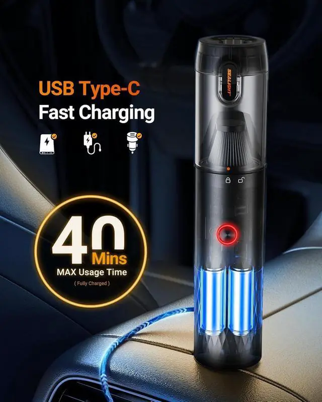 Alt view image 2 of 7 - Car Vacuum Portable Cordless, Handheld Cordless with High Power, Type-C Charging, 2 Suction Modes, Up to 40 Mins Runtime, Small Mini Vacuum for Car, Pet, Home (VS01)