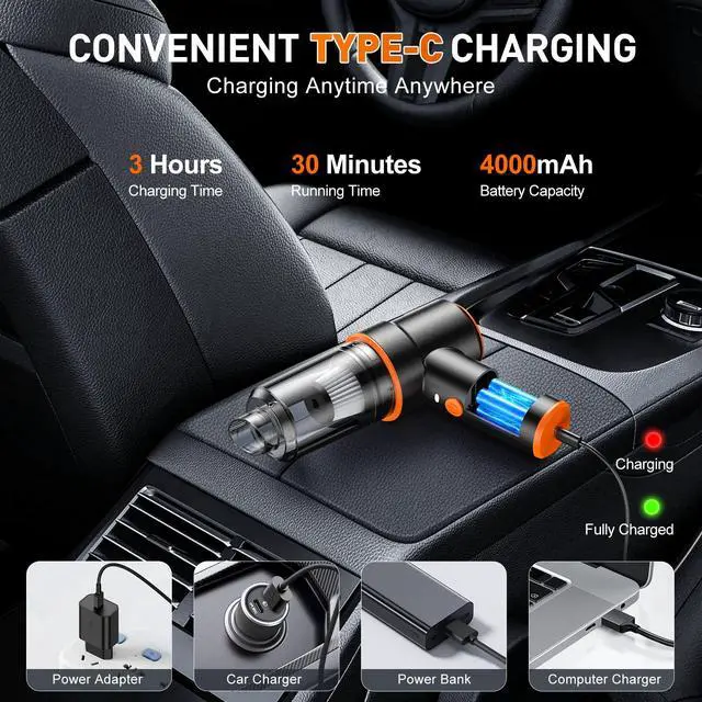 Alt view image 4 of 7 - Handheld Car Vacuum Cleaner, 11000PA Vacuum Cleaner & Air Duster, 120W High Power Vacuum Portable Cordless, Hand Held Vacuum Rechargeable with Multi-Nozzles & LED Light for Home, Car, Office